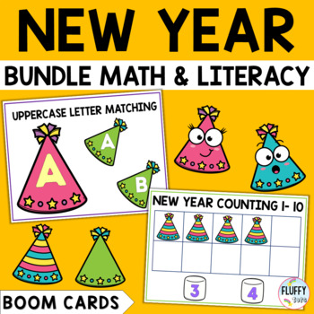 Preview of New Years Boom Cards Math and Literacy BUNDLE for Preschool