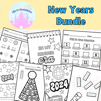 Preview of New Years Bundle, Writing. Math. Coloring. Sight Words. Kinder, 1st, and 2nd.