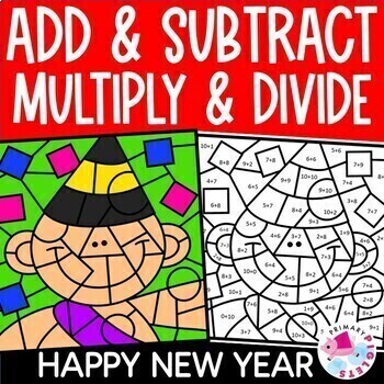 Preview of New Years Color by Number Code Addition Subtraction Multiplication Division Math