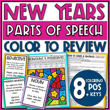 Preview of New Years Color by Number Parts of Speech Review Coloring by Code Pages