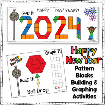 Preview of New Years Day 2024 Pattern Blocks Puzzles Work Mats & Graphing Activities