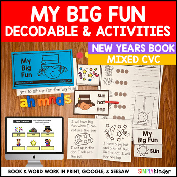 Preview of  New Years Decodable Book with Word Work– Mixed CVC Practice, Decodables