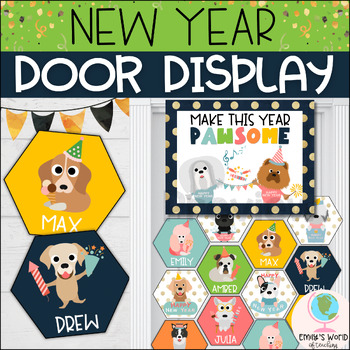 Preview of New Years Dog Door Display/Bulletin Board (January Classroom Decor) - EDITABLE