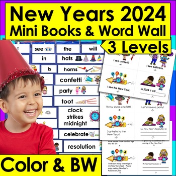 New Year's 2022 Mini Books 3 Levels + Illustrated Word Wall