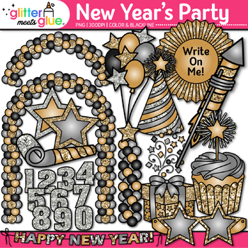 Preview of New Years Eve Party Clipart: Hat, Balloons, Cupcake Clip Art Black & White PNG