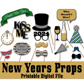 Preview of New Years Eve 2024 Photo Booth Props and Decorations - Printable