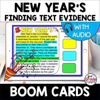 Preview of New Years Finding Citing Text Evidence Reading Boom Cards Task Cards with Audio