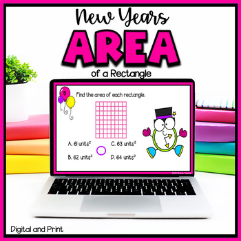 Preview of New Years Finding the Area of a Rectangle Task Cards #newstart23