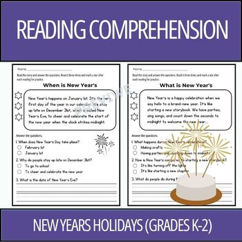 Preview of New Years Holidays Reading Comprehension Passages and Questions (Grades K-2)