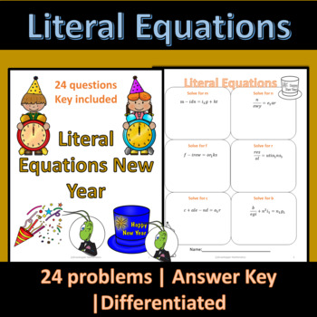 Preview of New Years Literal Equations Solving Worksheet | Algebra 1