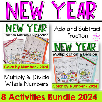 Preview of New Years Math 2024 Add Subtract Fraction and Multiplication Division Worksheets