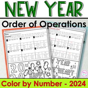 Preview of New Years Math 2024 Order of Operations Color by Number Practice Worksheets