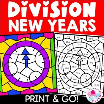 Preview of Happy New Years Color by Code Division Facts Practice Coloring Pages Sheets