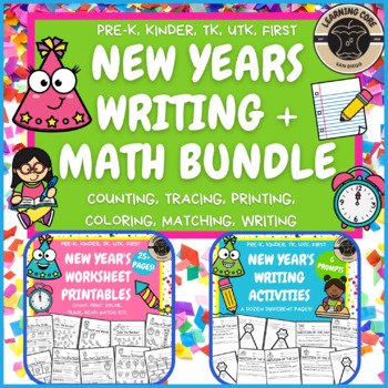 Preview of New Years Math, Literacy, Writing Worksheets Bundle - PreK, Kindergarten, First