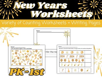Preview of New Years Math and Writing Pages | Preschool Kindergarten & 1st Grade Worksheets