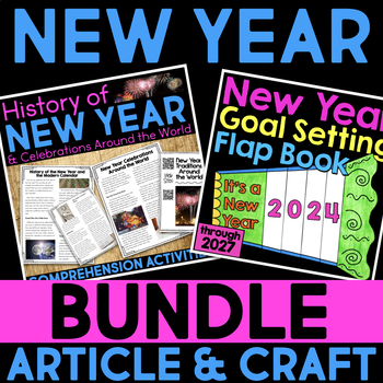 Preview of New Years Reading Passage 2024 & Goal Setting Craft Activity BUNDLE