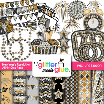 Preview of New Years Resolution Clipart: 56 Digital Papers, Borders, Clip Art Black & White