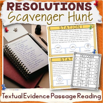 Preview of New Years Resolutions Scavenger Hunt Reading Comprehension Passages Gallery Walk