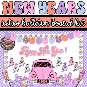 Preview of New Years 2024 Bulletin Board Retro Groovy Kit and Door Decor