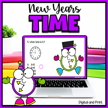 Preview of New Years Telling Time to the Minute Task Cards- Digital & Print #newstart23