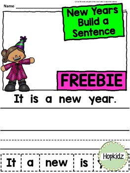 Preview of New Years Themed Build a Sentence Printable, Freebie, Cut, Glue, Write and Draw