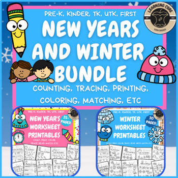 Preview of New Years Winter Math + Literacy Worksheets Bundle - PreK, Kindergarten, First