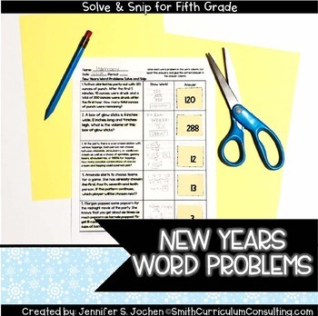 Preview of New Year Math Activity Solve and Snip® and Solve and Slide Bundle for 5th Grade