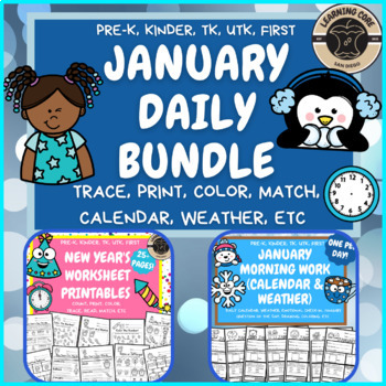 Preview of New Years and January Morning Work Worksheets Bundle - PreK, Kindergarten, First