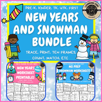 Preview of New Years and Snowman No Prep Worksheets Bundle - PreK, Kindergarten, First