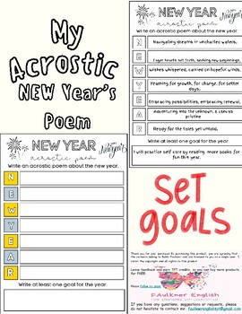 Preview of New Years's Acrostic Poem Printable Creative Writing Language Fun Goal Setting