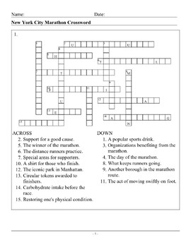 New York City Marathon Crossword Puzzle by Top Opportunities Teacher