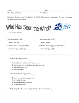 Preview of New York State ELA Practice -- Poetry -- "Who Has Seen the Wind?"