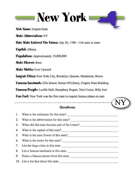 New York State Information & Worksheet by Sunny Side Up Resources