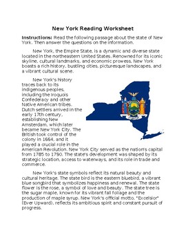 Preview of New York State Profile & History Reading Worksheet w/Answer Key **Editable**