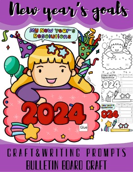 Preview of New year resolution 2024&Goals craft,writing prompts,bulletin board,happy girl