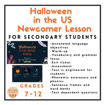 Preview of Newcomer Halloween High School ESL Lesson Plan Google Slides 