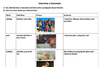 Preview of Newcomer Interview: Vocabulary, Interview Template, and Model Paragraph
