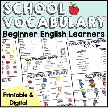 Preview of Newcomer School Vocabulary Beginner  ELL ESL Print Digital
