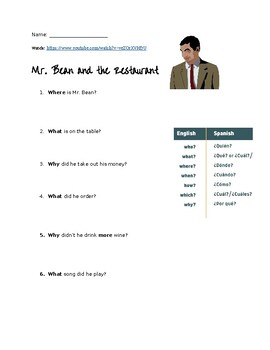 Preview of Newcomers - Mr. Bean Restaurant Video and Worksheet