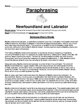 Preview of Newfoundland and Labrador Paraphrasing Worksheet (Canada)