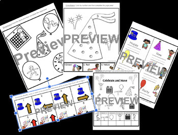 Preview of News Years Bundle, Movement Break, Yoga, Coloring and Visual Tracking Activities