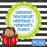 Newsletters and Weekly Homework Sheet - K-2 - Seasonal - Editable