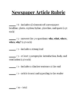 Preview of Newspaper Article Rubric