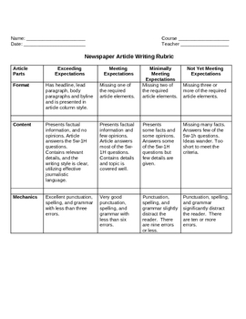 Preview of Newspaper Article Writing Rubric
