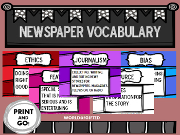 Preview of Newspaper [Journalism] Vocabulary Terms-Cards, Color, Black & White, Blank Cards