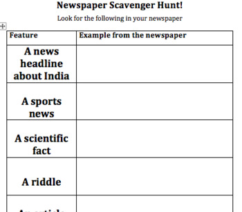 Preview of Newspaper Scavenger Hunt