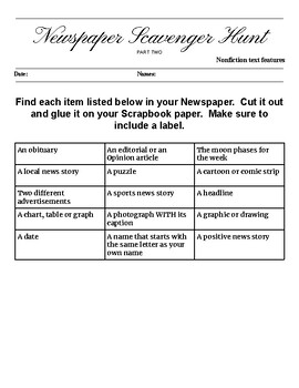 Preview of Newspaper Scavenger Hunt (part 2) Text Features Non-Fiction Hands-On
