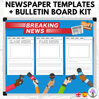 Preview of Newspaper article templates and bulletin board kit. Class news. English Spanish