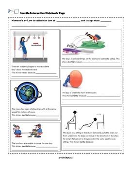 Newton's 1st Law Inertia Worksheet and Interactive Notebook Page