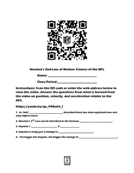 Preview of Newton's 2nd Law of Motion-Science of the NFL video QR code Worksheet